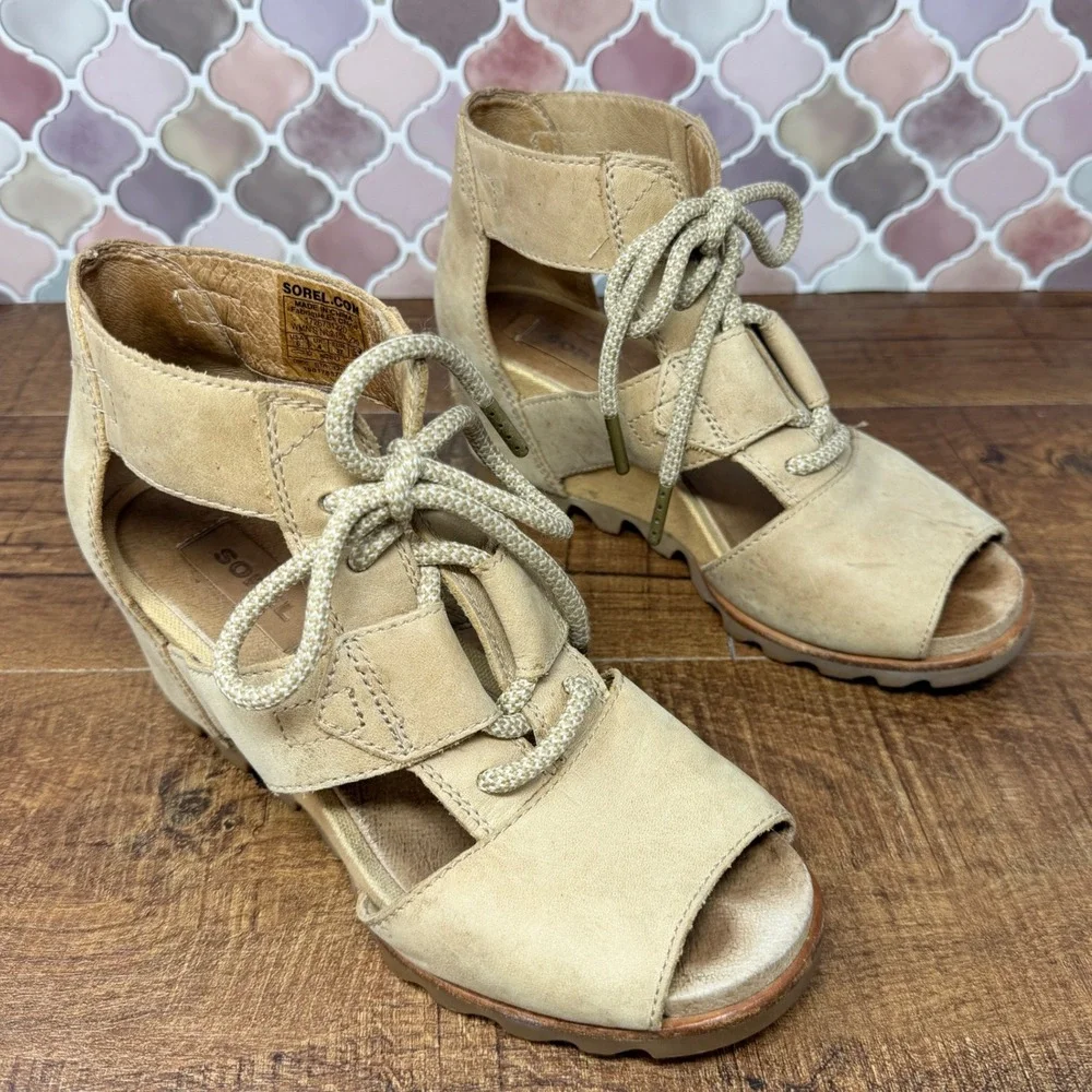 SOREL Joanie Lace Sandal Tan Suede Wedge Heel Open Toe 6